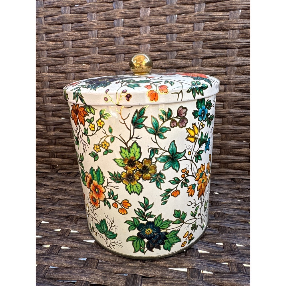 Vintage Daher Floral Tin Canister Made in England Gold Decor Storage 6in